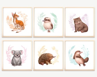 Australian Nursery Prints Set of 6, Australian Animal Nursery Art, Baby Gift, Koala Kookaburra Kangaroo Platypus Echidna, Australian Artist