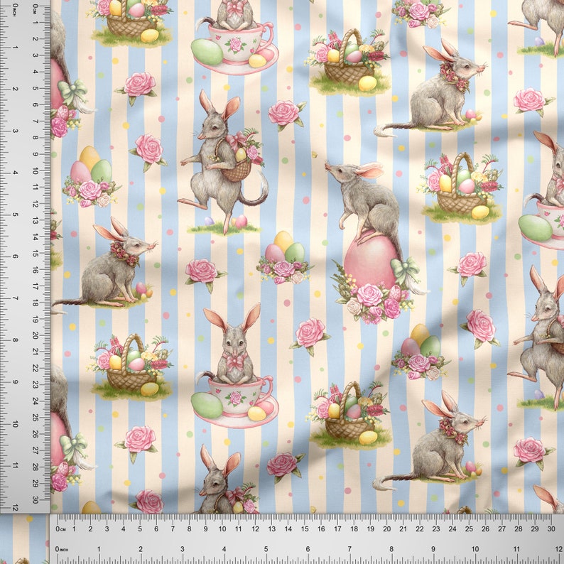 Australian Easter Bilby Fabric Cute Easter Fabric by the Half Metre 100% Craft Cotton Blue Stripe 50cm image 2