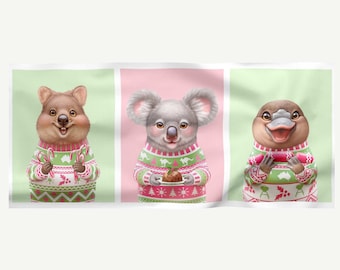 Cute Christmas Fabric Panels | Australian Animals Material | Quokka, Koala and Platypus | For Quilting & Craft | 100% Craft Cotton