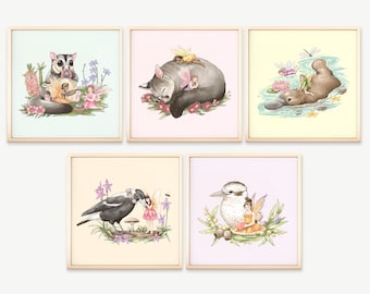 Australian Fairy Prints, Australian Fairies Kids Room Wall Art, Girls Fairy Room Decor, Cute fairies, Australian Animals, Set of 5 prints