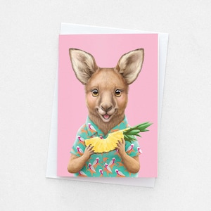Australian Kangaroo Greeting Card, A6 Cute Aussie Animal Summer Fun Set of Cards, Blank Inside Card, A6 Size