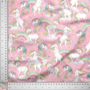 Rainbow Unicorn Fabric Colourful unicorn Fabric by the Metre Fabric for Little Girls 100% Cotton Poplin On Pink 50cm image 3
