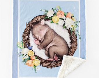 Wombat Cuddle Fleece Blanket - Perfect for Australian themed Nursery or New Baby Gift