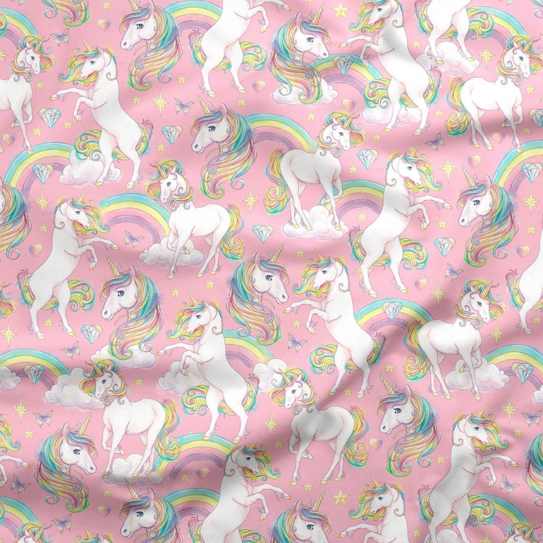 Rainbow Unicorn Fabric Colourful unicorn Fabric by the Metre Fabric for Little Girls 100% Cotton Poplin On Pink 50cm image 1