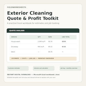 Pode incluir: Uma pasta de trabalho digital do Microsoft Excel intitulada Fieldworksheets Exterior Cleaning Quote & Profit Toolkit. Inclui uma tabela de orçamento para limpeza de casas, entradas e decks, além de abas para estimativas e registos.