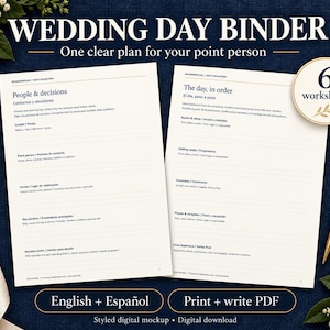 Può includere: Un raccoglitore per il giorno del matrimonio con due pagine bianche e testo blu scuro. Le pagine includono sezioni per persone, decisioni e una cronologia. Una penna dorata e un badge circolare con la scritta 6 worksheets sono visibili su sfondo blu.
