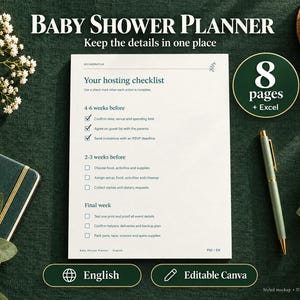 Może przedstawiać: Biały dokument papierowy zatytułowany Baby Shower Planner z listą kontrolną organizacji zawierającą sekcje na 4-6 tygodni przed, 2-3 tygodnie przed oraz ostatni tydzień. Dokument zawiera pola wyboru i tekst, z zielonym długopisem po prawej.