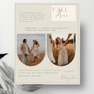 以下が含まれることがあります： 「Fall Minis」と題されたベージュの撮影チラシ。野原にいる人々を写した2つのアーチ型写真が配置されています。セッション詳細、30分、デジタルデータ10枚、オンラインギャラリー、1週間の納期、Maplewood Lake Parkの連絡先情報が記載されています。
