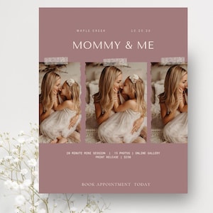 Peut inclure: Un dépliant promotionnel mauve avec trois panneaux photo verticaux montrant une personne et un enfant. Le texte inclut "MAPLE CREEK", "10.20.26", "MOMMY & ME", "20 MINUTE MINI SESSION | 15 PHOTOS | ONLINE GALLERY PRINT RELEASE | $250" et "BOOK APPOINTMENT TODAY".