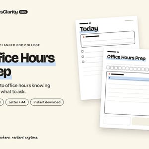 Puede incluir: Un planificador digital TDAH para estudiantes titulado Office Hours Prep. El diseño incluye secciones para Today y Office Hours Prep con casillas de verificación, líneas para notas y campos de texto. Diseño con texto negro sobre papel blanco.