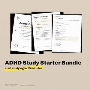 Puede incluir: Un paquete de inicio de estudio para TDAH que consta de tres páginas blancas con texto y gráficos en negro. Las páginas incluyen títulos como CampusClarity, Read this first y How to park it, con listas de verificación y texto instructivo.