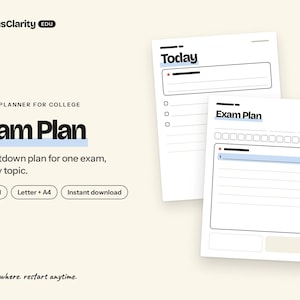 Könnte beinhalten: Ein digitaler ADHS-Planer für Studenten mit dem Titel Exam Plan von CampusClarity EDU. Das Dokument besteht aus zwei weißen Seiten mit schwarzem Text, einschließlich Abschnitten für Today und Exam Plan, Kästchen und Zeilen.
