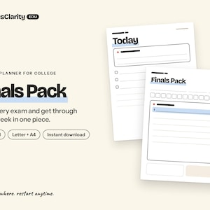 Könnte beinhalten: Ein digitales Planer-Set mit dem Titel CampusClarity EDU Finals Pack, bestehend aus zwei weißen Seiten mit schwarzem Text und Linien. Eine Seite ist mit Today und einer Checkliste beschriftet, die andere mit Finals Pack und Feldern.