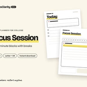 Può includere: Un pianificatore digitale ADHD per l'università intitolato Focus Session, composto da due pagine bianche con testo nero e dettagli gialli. Il layout include sezioni per Today e Focus Session con caselle di controllo e righe.