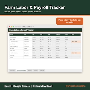 Puede incluir: Una plantilla de hoja de cálculo digital Farm Labor & Payroll Tracker para Excel y Google Sheets. La interfaz muestra columnas para nombres de trabajadores, tipo de empleo, pago mensual, totales anuales, horas y estado 1099. Incluye una nota para tarifa por pieza por paca, caja o palé.