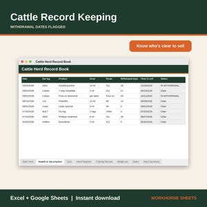 Pode incluir: Um modelo de planilha digital Cattle Herd Record Book para Excel e Google Sheets. A interface exibe colunas para data, brinco, produto, dose, via, dias de carência, data de venda e status, com uma aba para Saúde e Vacinação.