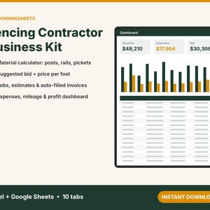May include: A Fencing Contractor Business Kit digital spreadsheet template by Workhorseseheets. Features include a material calculator, bid pricing, invoice automation, and a dashboard showing revenue, expenses, and net profit with bar charts.