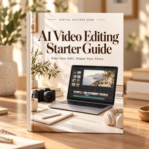 May include: A hardcover book titled AI Video Editing Starter Guide with the subtitle Plan Your Edit. Shape Your Story. The cover features a laptop displaying video editing software, a camera, a notebook, and headphones on a wooden desk.