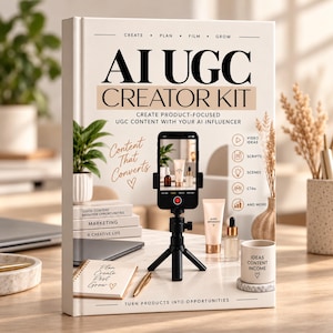 May include: A white book titled AI UGC CREATOR KIT featuring a smartphone on a tripod, a tube of cream, a dropper bottle, a mug labelled IDEAS CONTENT INCOME, and a notebook with the text Plan Create Post Grow on a desk with plants.