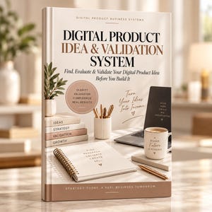 Pode incluir: Um livro intitulado Digital Product Idea & Validation System com uma capa creme apresentando um caderno espiral, uma caneta, uma caneca e um portátil. O texto diz Find, Evaluate & Validate Your Digital Product Idea Before You Build It.