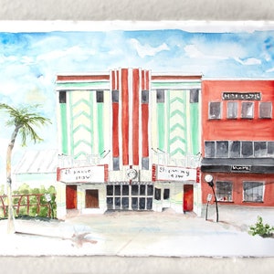 Panama City art print, downtown panama city, art-deco architecture, The Martin Theater, Bay county Florida, watercolor art print, office art