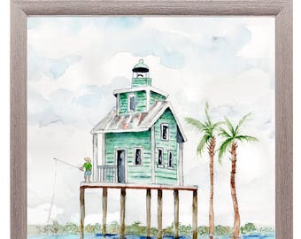 Coastal Beach House Watercolor Painting: Rustic Lake Art Print