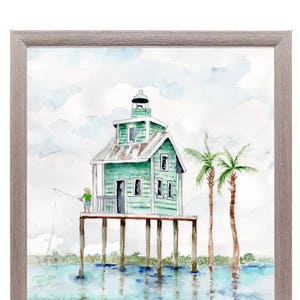 Rustic beach house watercolor painting, Coastal house decor, lake, pond,  Print of original watercolor painting, Office wall art, blue decor