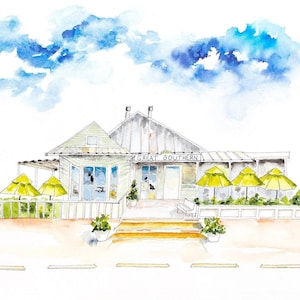 Great Southern Cafe in Seaside Florida, Watercolor art print of the original 30A FL,  Seaside landscape watercolor painting, gift under 25