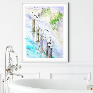 Seaside seagulls watercolor art print, seascape beach art print, seagull watercolor, panama city beach watercolor art print