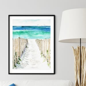 Seaside beach watercolor print, 30-A Rosemary beach painting fenced beach entrance, watercolor panama city beach art print