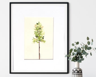 Original Watercolor Tree Painting: Soft Green simple Art