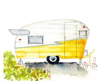 camping travel trailer print, simple wall art, mid-century modern art, original watercolor painting, camping wall art, Retro vacation travel