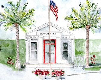 Seaside watercolor post office print, best selling 30-A beach art, Florida coastal watercolor painting, South Walton County beach  art print