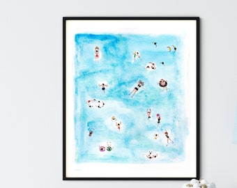 watercolor print from original watercolor art, people in the surf on a Seaside beach, overhead beach landscape painting, panama city beach