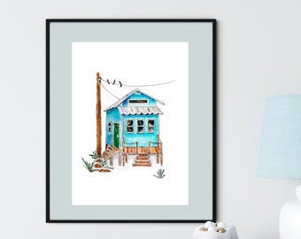 Little Panama City beach house watercolor art print.  Modern Minimal artwork of Tiny blue Florida beach cottage