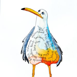 Watercolor Cartoon Seagull Art Print: 30A Florida Beach Scene