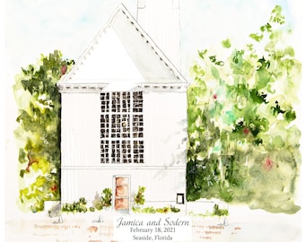 Seaside chapel wedding, personalized watercolor seaside Florida, personalized wedding art, , 30-A wedding,  one year anniversary gift