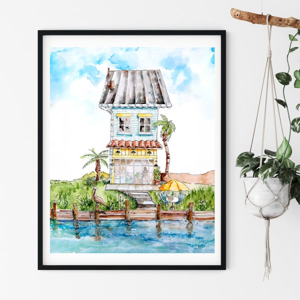 Watercolor art print from hand painted gallery artwork, bright pigments, detailed Panama City beach fantasy cottage with dock on the bay