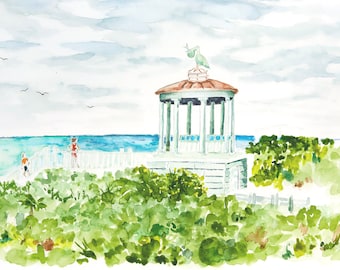 Seaside Beach Pensacola pavilion watercolor art,  travel Rosemary beach area and visit the beach pavilions, local art from local artist