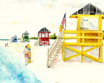 Siesta Key Beach Florida watercolor painting, beach print, landscape watercolor painting, vacation art,  home or office decor, gift under 25