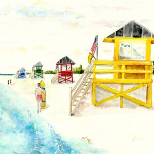 Siesta Key Beach Watercolor Print: Lifeguard Stands