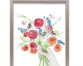 Art contemporain, aquarelle colorée, idée cadeau anniversaire, Bouquet de fleurs, Art lumineux, aquarelle, cadeau floral pour elle
