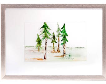 Simple art, Original landscape watercolor painting, long leaf pine tree forest, office art, waiting room decor, office decor, pine tree art