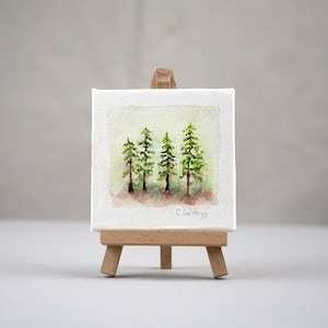 Miniature Pine Tree Watercolor Art Print with Easel. Boxed gift ready for small spaces