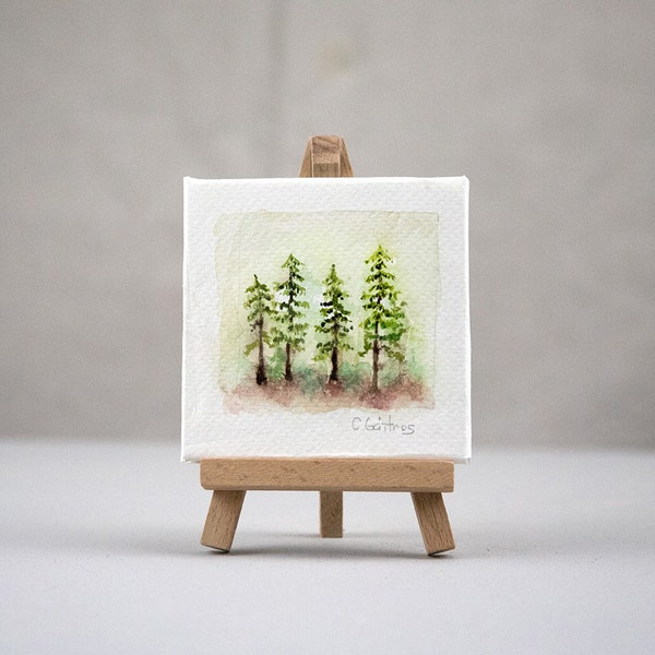 Miniature watercolor, tiny art, minimal art print, Contemporary watercolor painting, pine trees, gift exchange, desk art