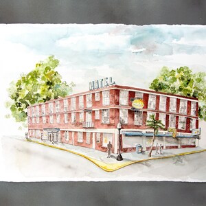 May include: Watercolor painting of a red brick hotel with the word "HOTEL" on the roof. The hotel has multiple windows and a sign that says "Hotel Malibu". Green trees and a blue sky are in the background.