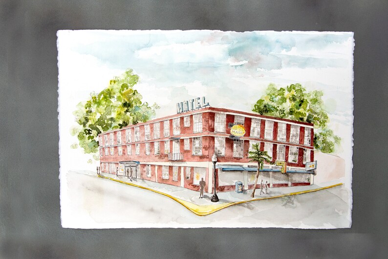 May include: Watercolor painting of a red brick hotel with the word "HOTEL" on the roof. The hotel has multiple windows and a sign that says "Hotel Malibu". Green trees and a blue sky are in the background.