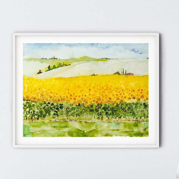 Sunflower field watercolor art print, country sunflower farm, yellow flower art, bright floral landscape watercolor painting, yellow daisy