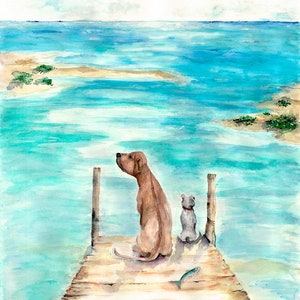 Watercolor beach wall art print, dogs on dock, seaside beach decor, Panama City Beach, Grayton Beach, fishing, beach house decor, coastal
