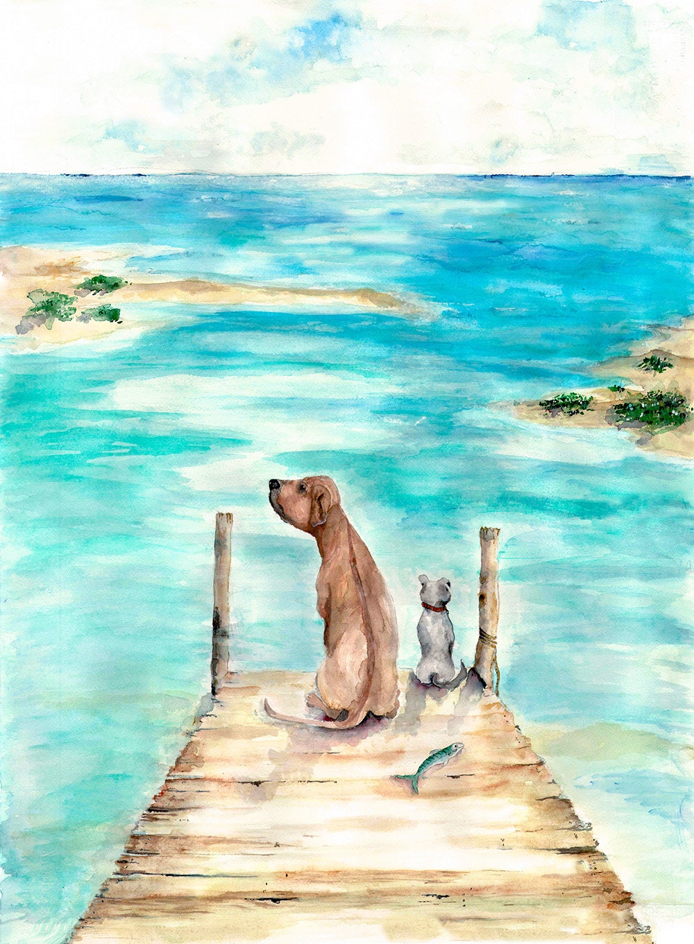 Watercolor Beach Wall Art Print Dogs on Dock Seaside Beach Etsy